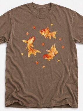 Gildan Brown Tee with Orange & Gold Fish Graphic